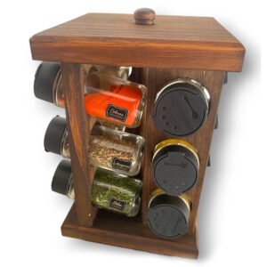 Porta Tempero Giratório em Madeira com 12 Potinhos Inclusos